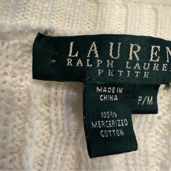 Lauren Ralph Lauren Women’s Cable Knit V-Neck Sweater White Cotton Sz PM - Picture 12 of 13